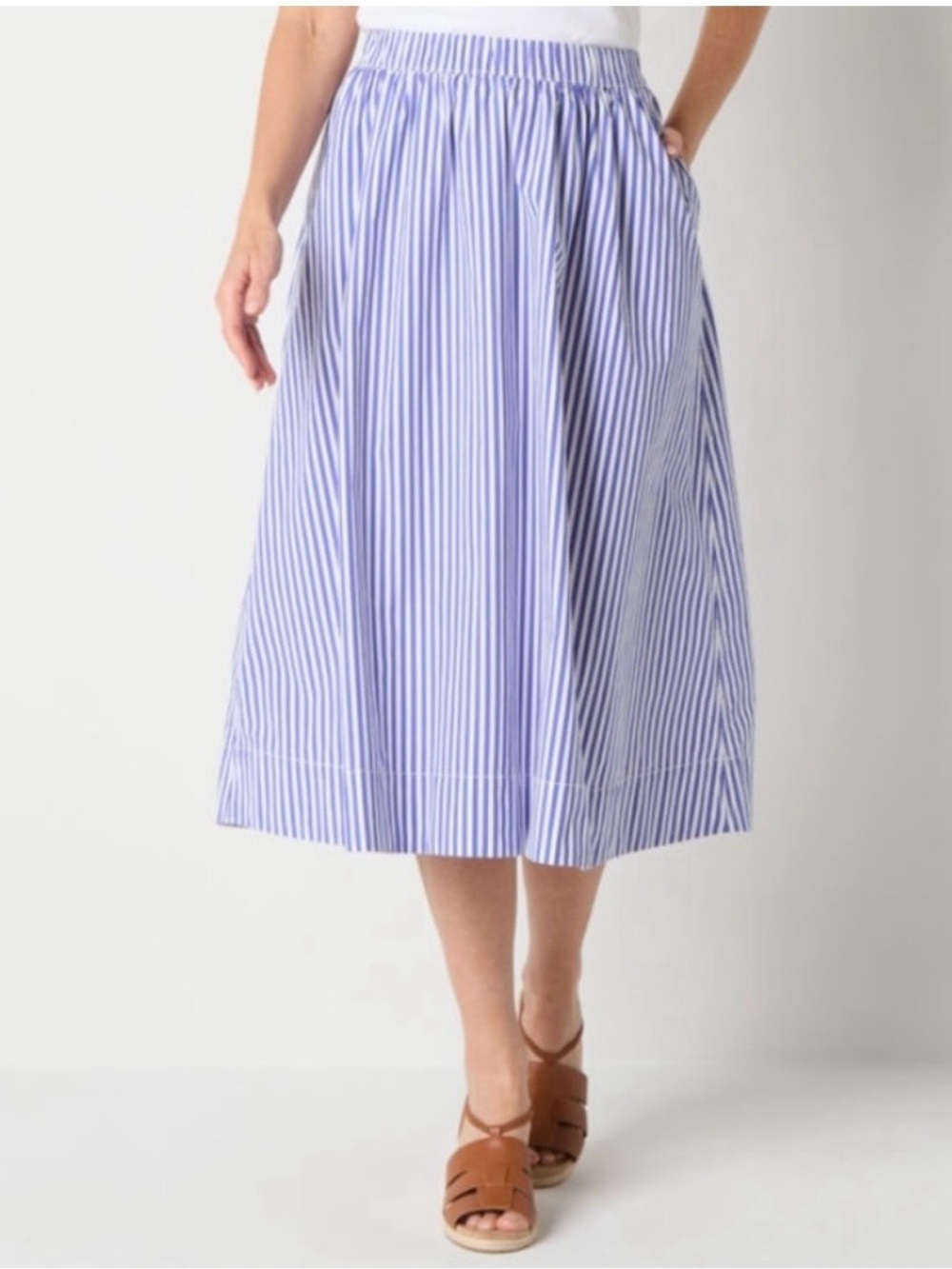 Blue and White Striped Cotton Midi Skirt | Nautical, Coastal Grandma, 1X, NWOT